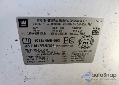 2015 Chevrolet Equinox Lt z USA, uszkodzony, nr VIN 2GNALBEK3F6359674